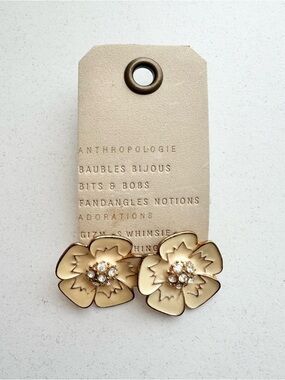 Anthropologie Beige Floral Rhinestone Center Earrings